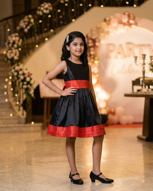 Knee length satin frock with red belt