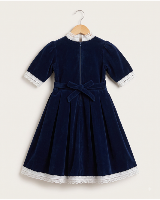 Box pleated velvet frock with stand collar and lace