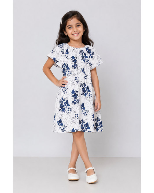 Blue floral printed peasant dress