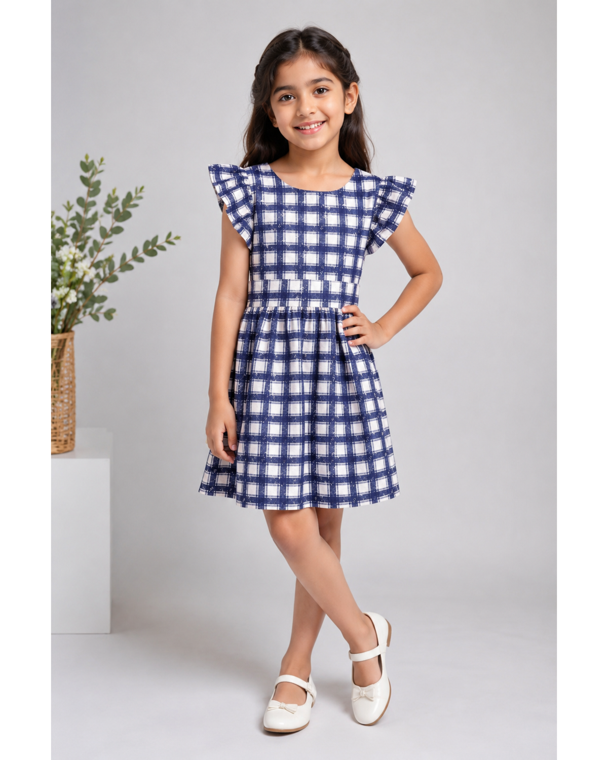 Pinafore cotton dress with ruffle sleeves