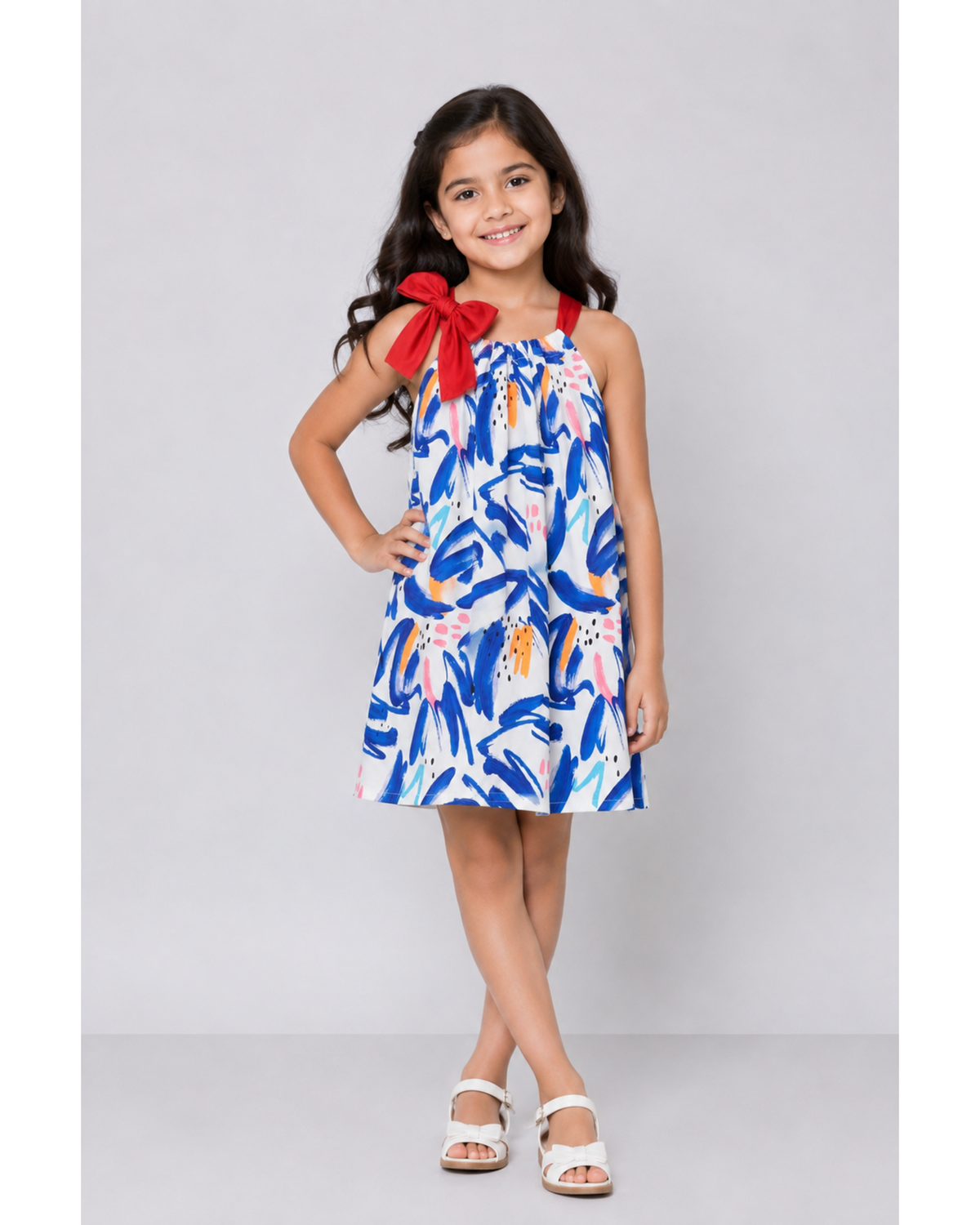 Pillowcase dress with red bow tie