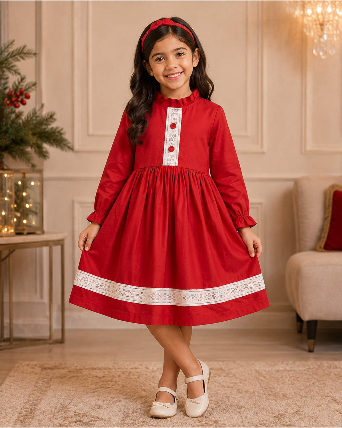 Full sleeves frock with gathered collar and lace
