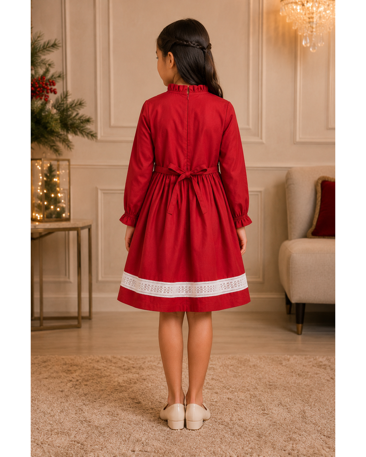 Full sleeves frock with gathered collar and lace