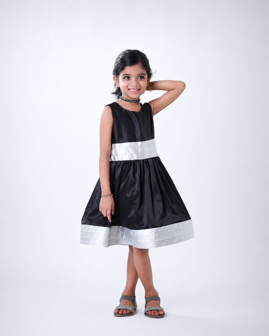 Knee length satin frock with White belt