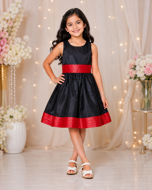 Knee length satin frock with red belt