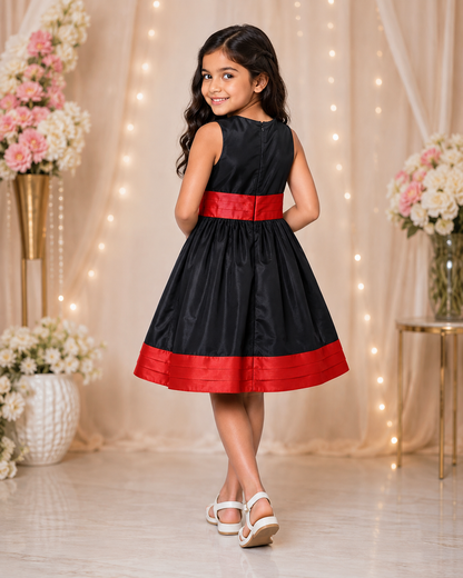 Knee length satin frock with red belt