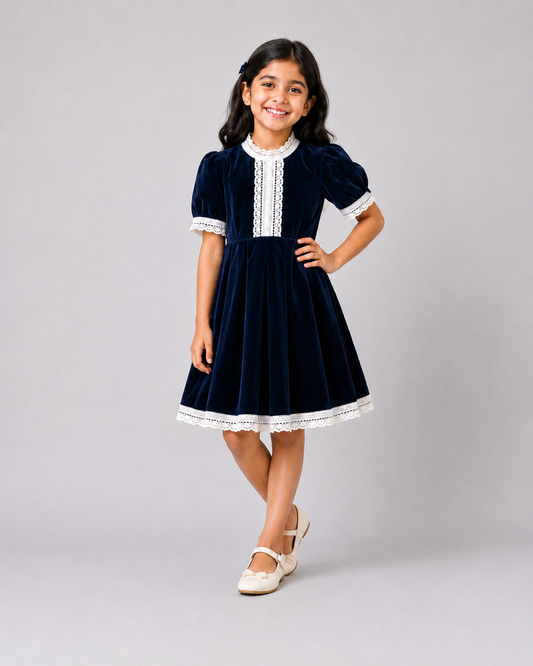 Box pleated velvet frock with stand collar and lace