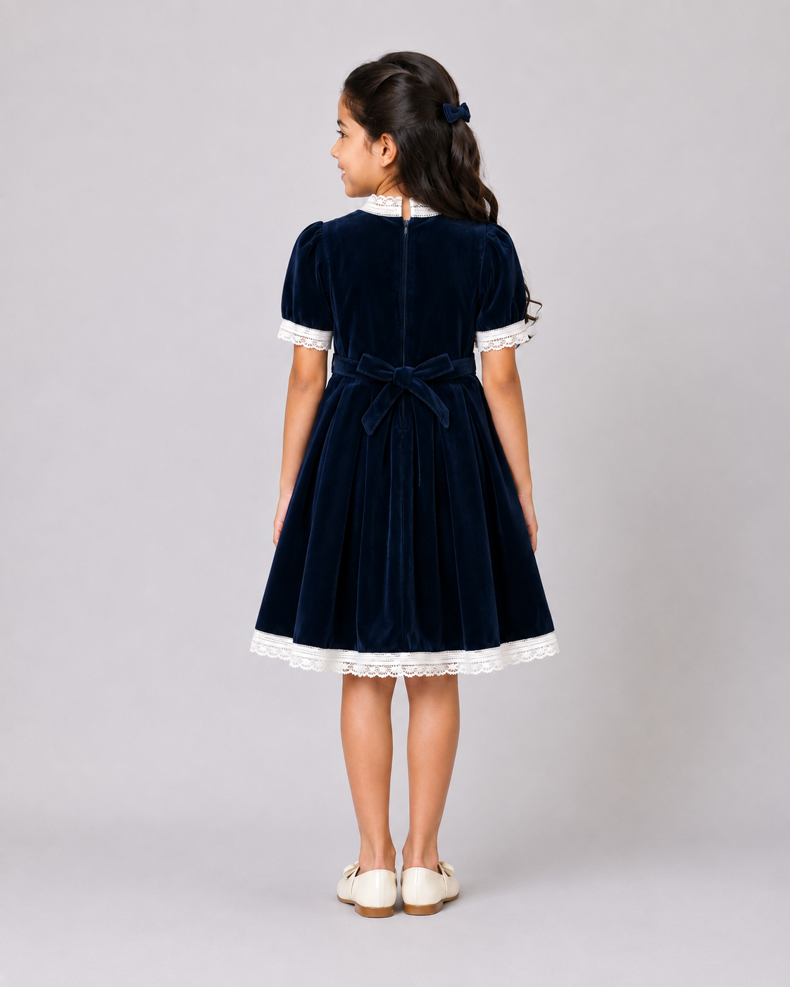Box pleated velvet frock with stand collar and lace