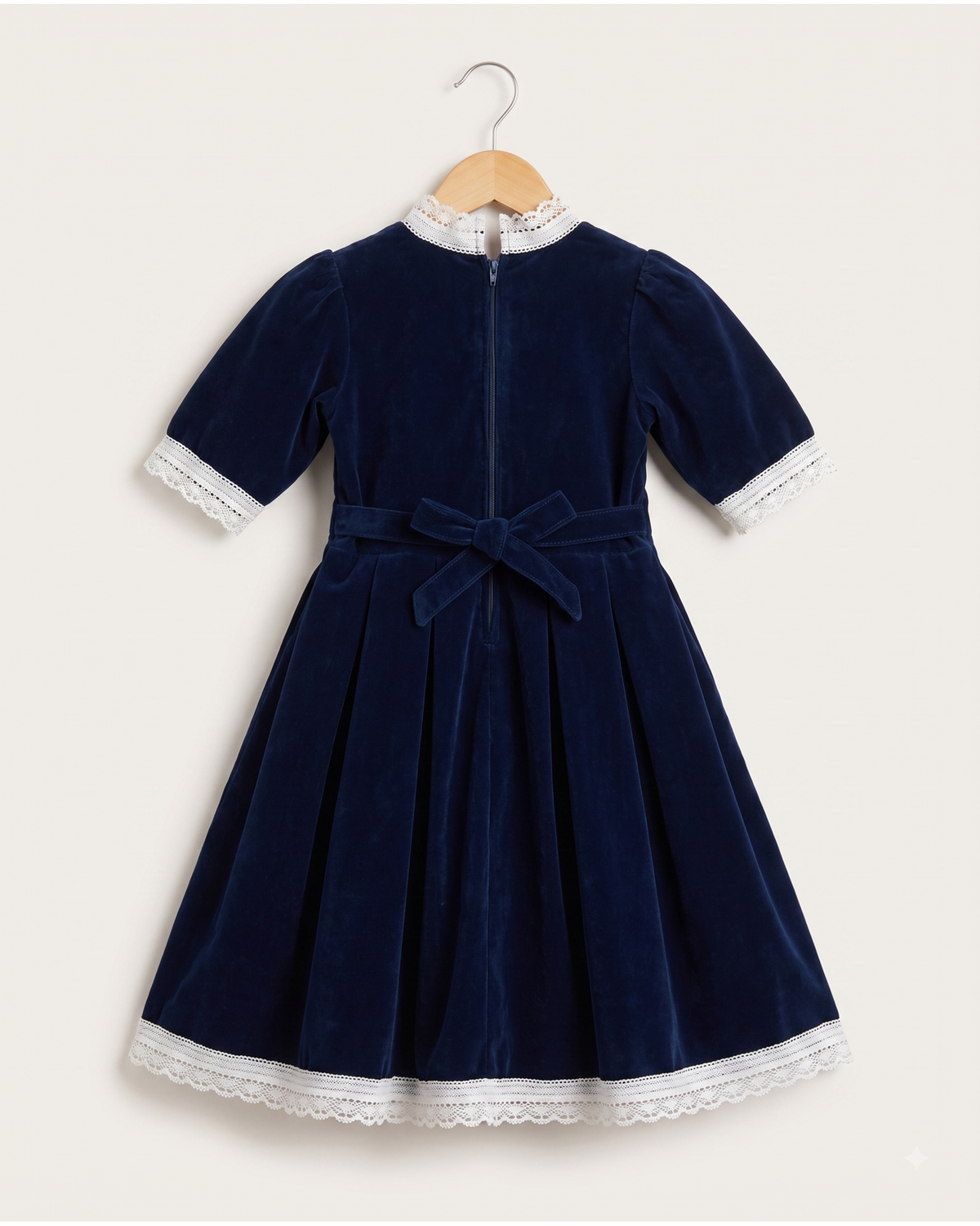 Box pleated velvet frock with stand collar and lace