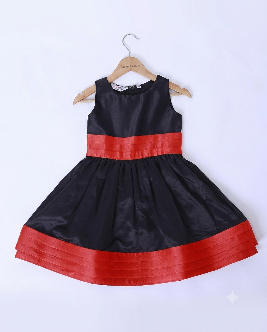 Knee length satin frock with red belt