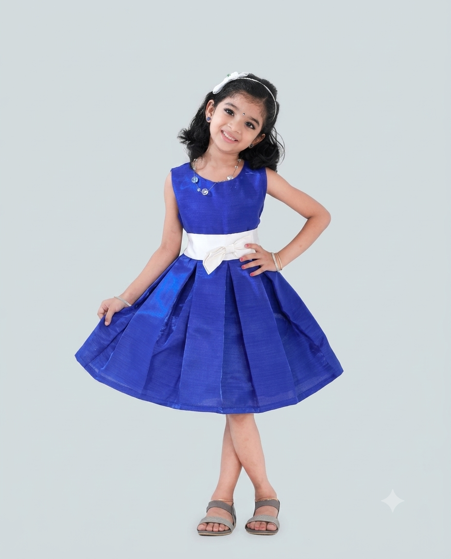Box pleated cotton silk frock with white belt and bow