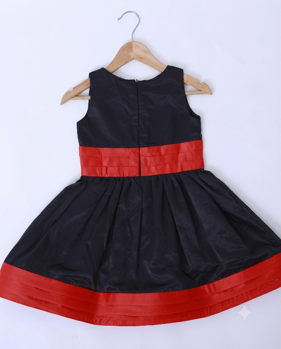 Knee length satin frock with red belt