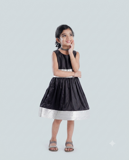 Knee length satin frock with White belt