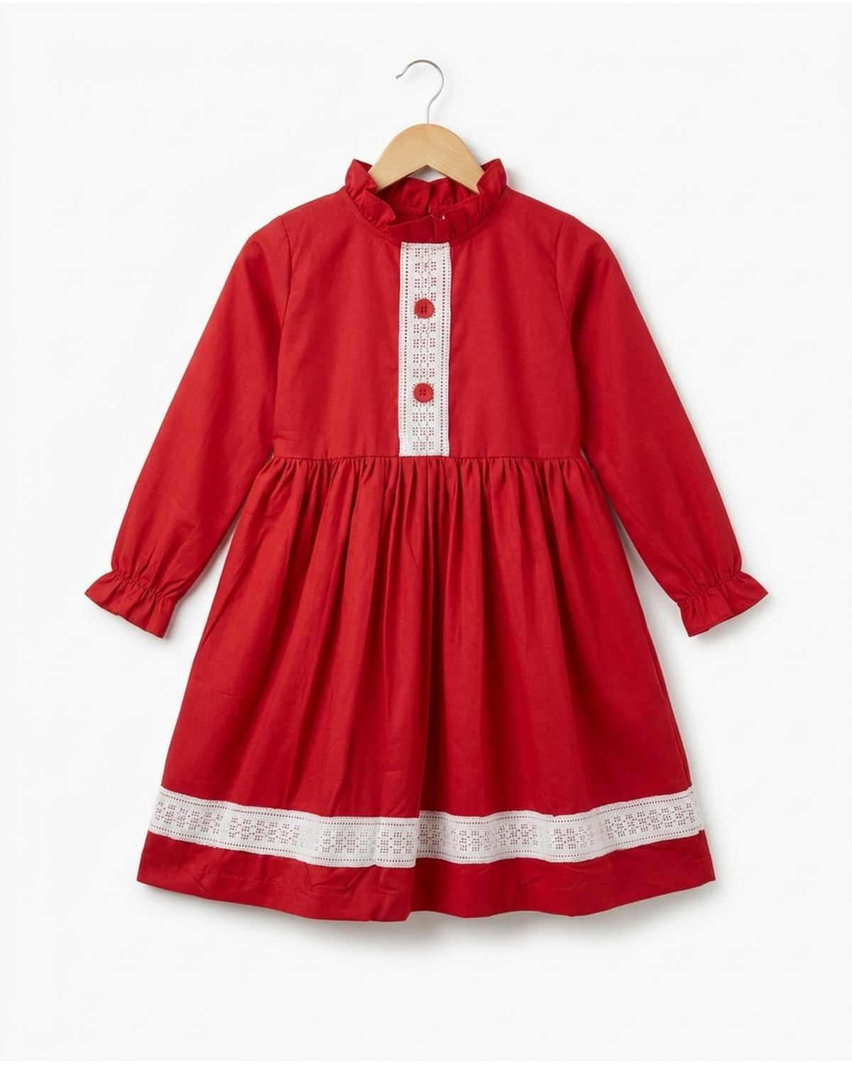 Full sleeves frock with gathered collar and lace