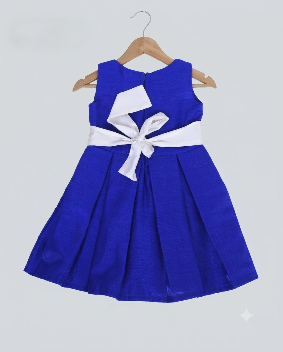 Box pleated cotton silk frock with white belt and bow