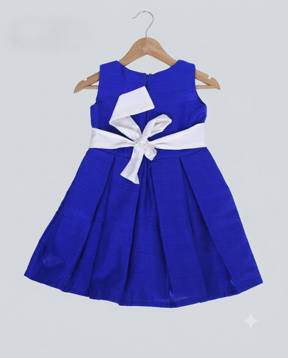 Box pleated cotton silk frock with white belt and bow