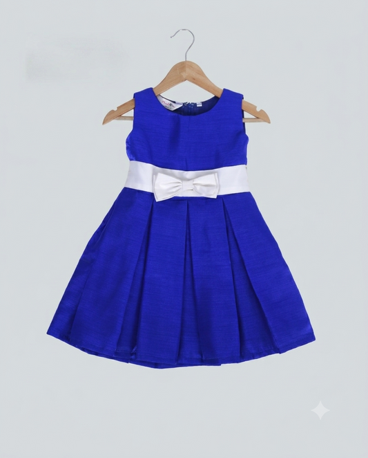 Box pleated cotton silk frock with white belt and bow
