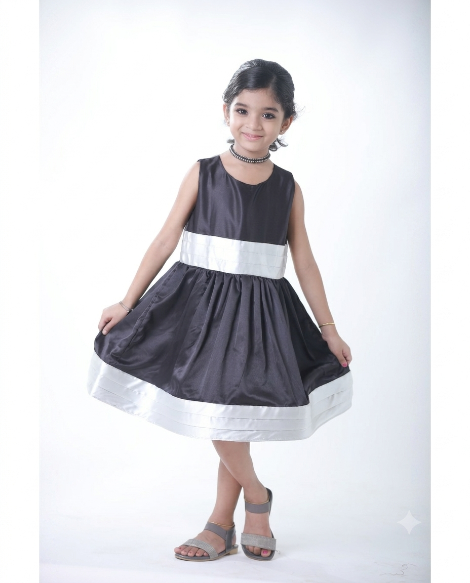 Knee length satin frock with White belt