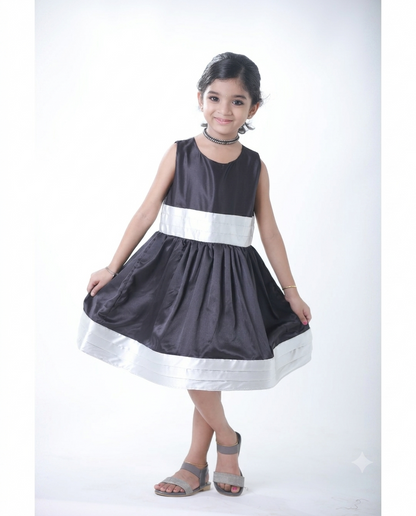 Knee length satin frock with White belt
