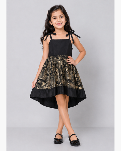 High low black and gold satin frock